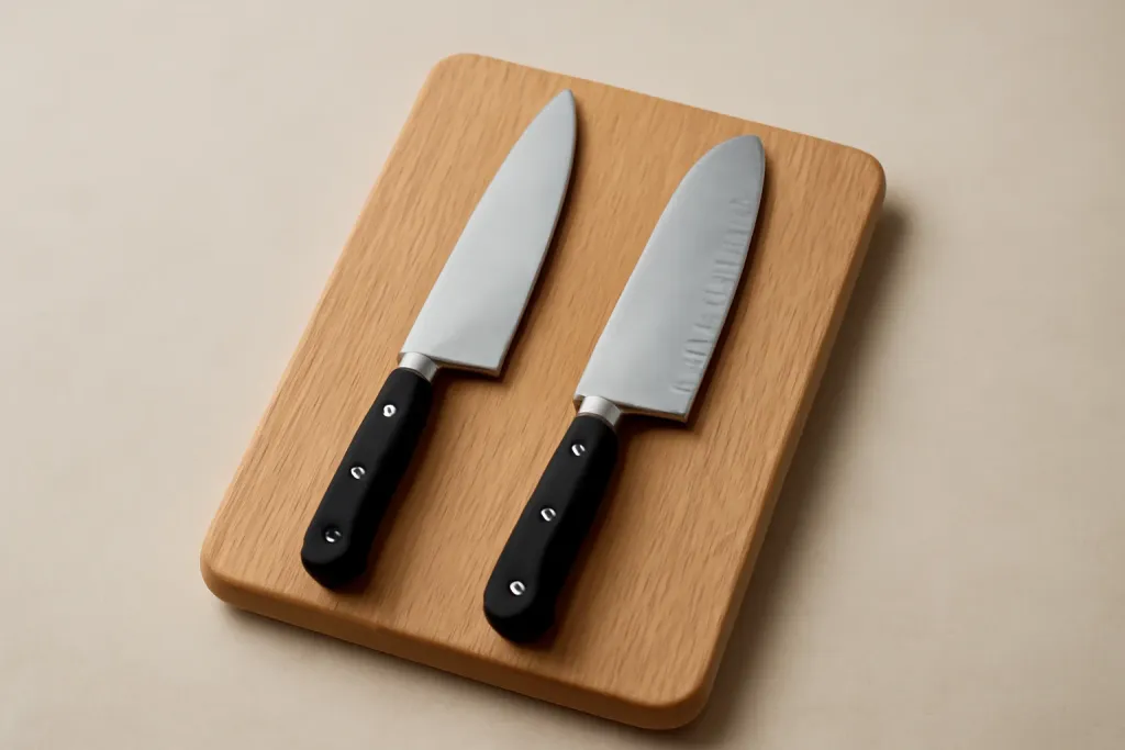 Original editorial photograph (not the exact linked listing) illustrating chefs knife vs santoku for salad