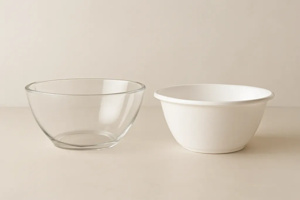 Original editorial photograph (not the exact linked listing) illustrating glass vs plastic salad bowls