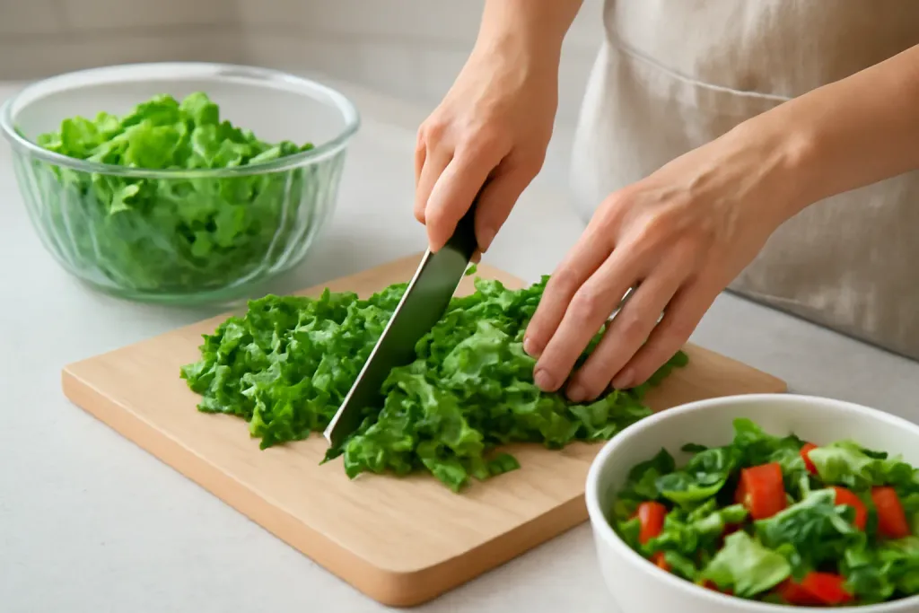 Original editorial photograph (not the exact linked listing) illustrating cutting leafy greens without bruising
