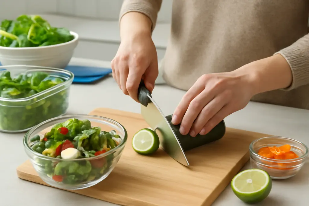 Original editorial photograph (not the exact linked listing) illustrating knife safety for vegetable prep