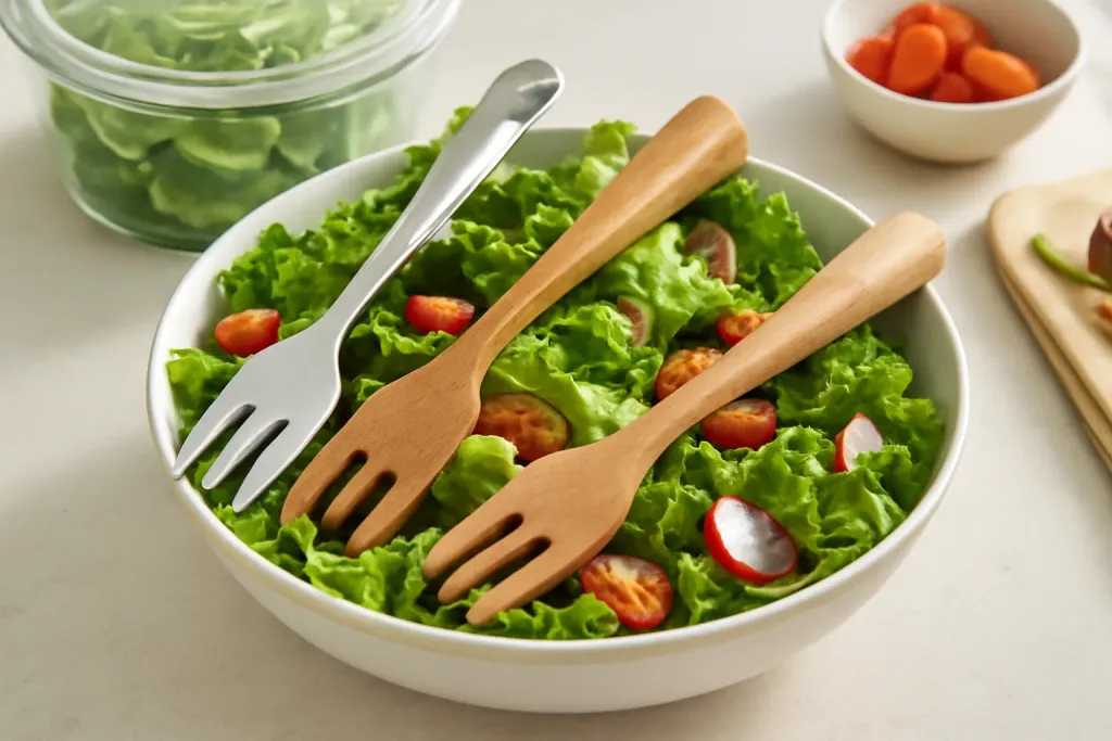 Original editorial photograph (not the exact linked listing) illustrating metal vs wood salad tongs