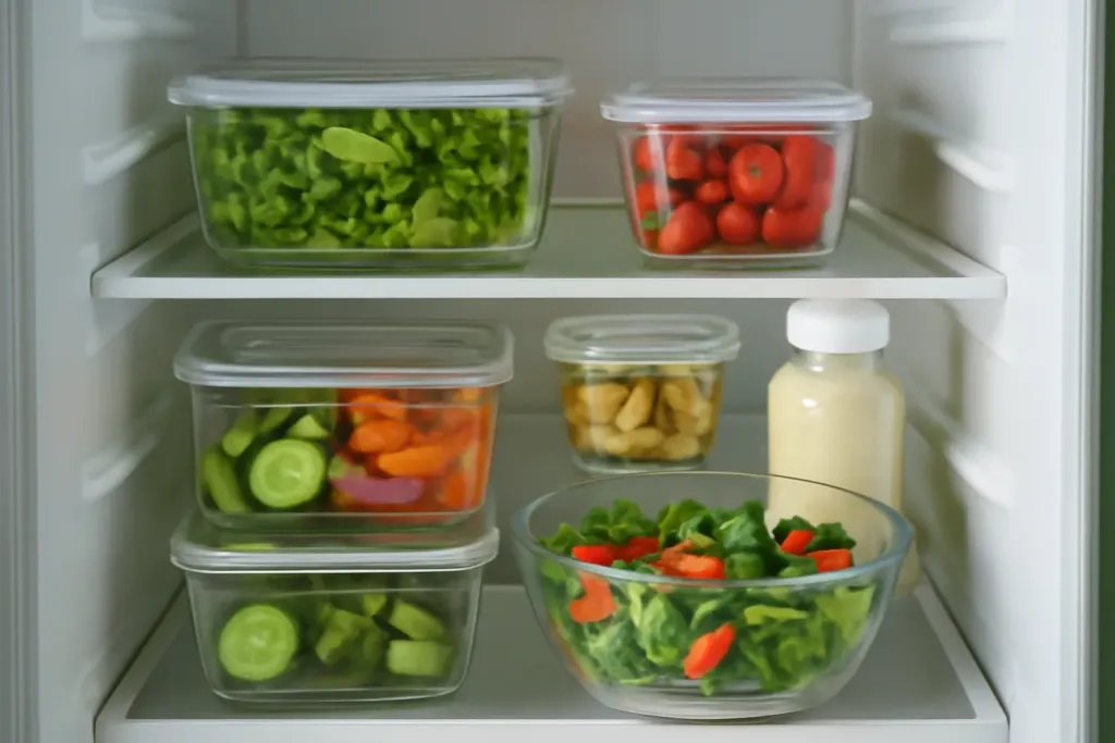 Original editorial photograph (not the exact linked listing) illustrating refrigerator organization for salad ingredients