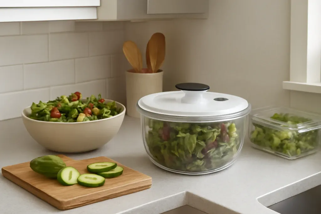 Original editorial photograph (not the exact linked listing) illustrating storing a salad spinner in a small kitchen