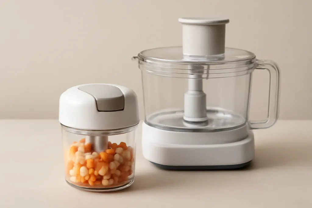 Original editorial photograph (not the exact linked listing) illustrating vegetable chopper vs food processor for salads