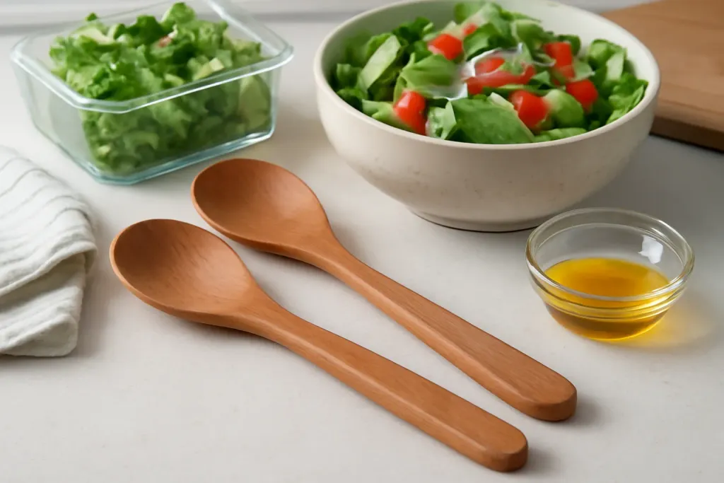 Original editorial photograph (not the exact linked listing) illustrating wooden salad utensil care