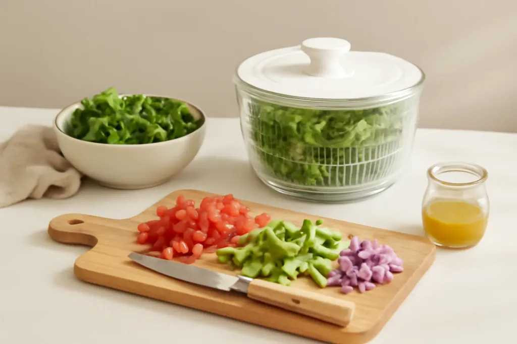 Original editorial photograph of a home salad-prep counter with a spinner, cutting board, chopped vegetables, and a dressing jar
