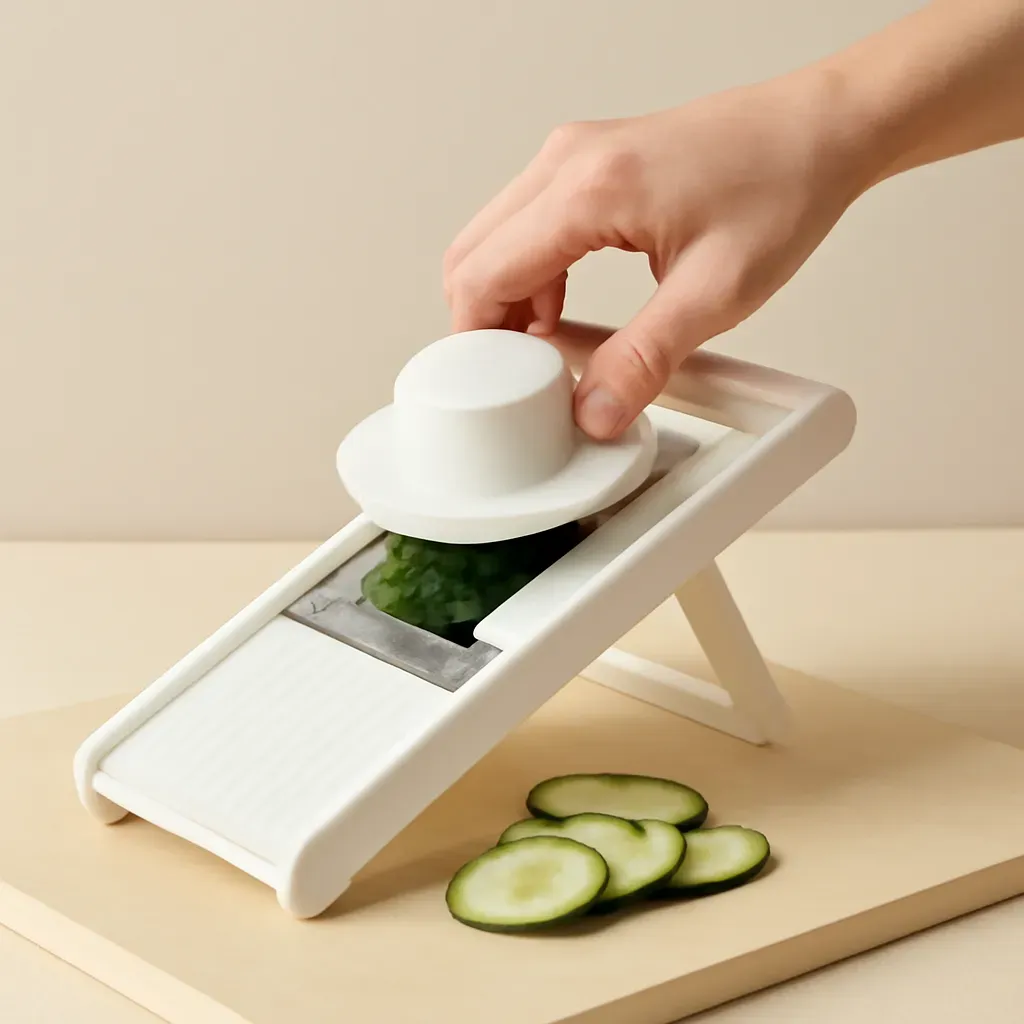 AI-generated editorial product photograph (not the exact linked listing) of adjustable mandoline slicer