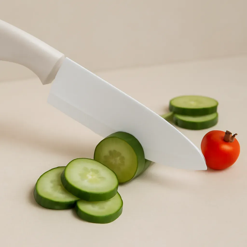 AI-generated editorial product photograph (not the exact linked listing) of ceramic-blade vegetable knife