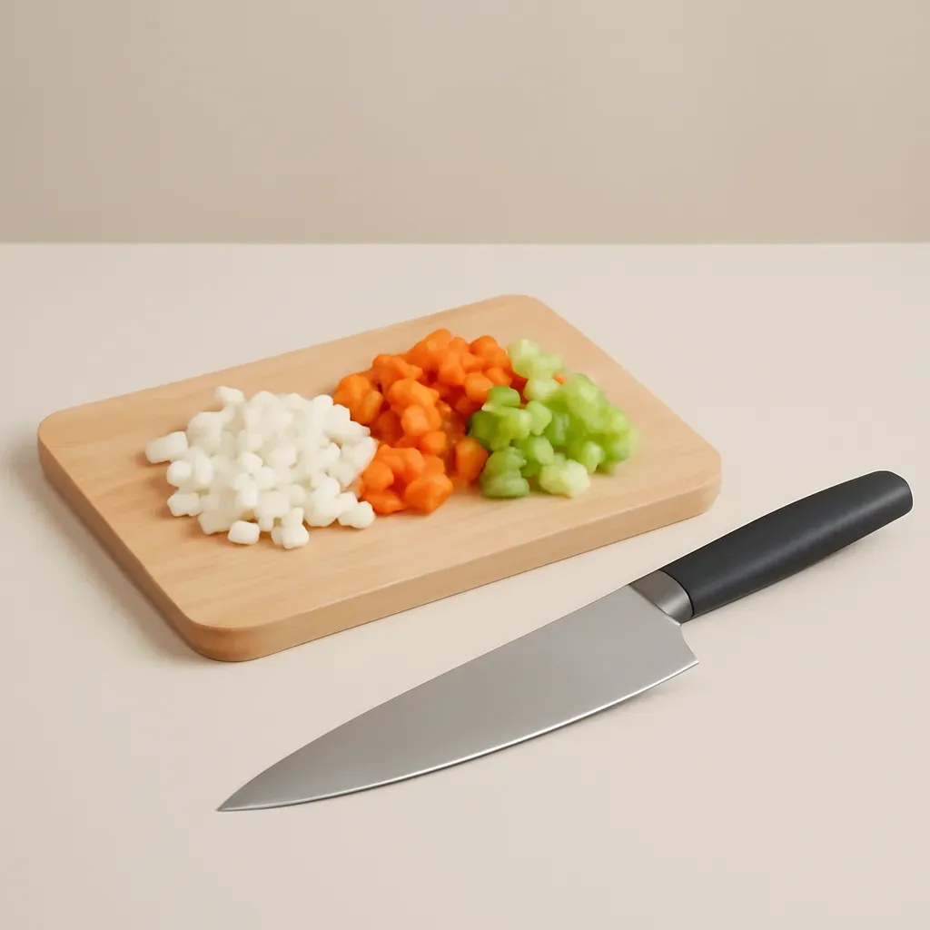 AI-generated editorial product photograph (not the exact linked listing) of chef's knife for salad prep