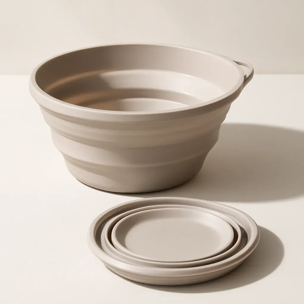 AI-generated editorial product photograph (not the exact linked listing) of collapsible silicone salad bowl