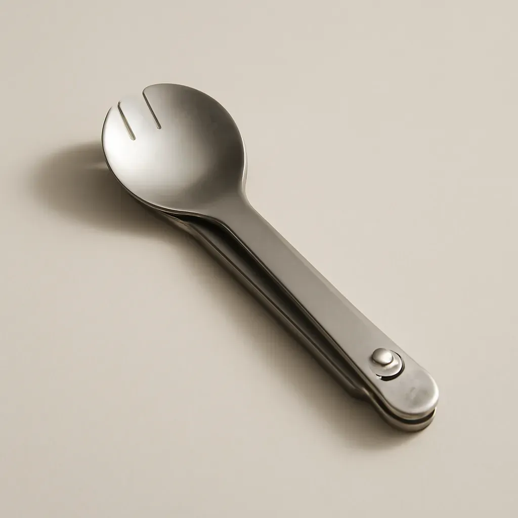 AI-generated editorial product photograph (not the exact linked listing) of compact travel salad servers