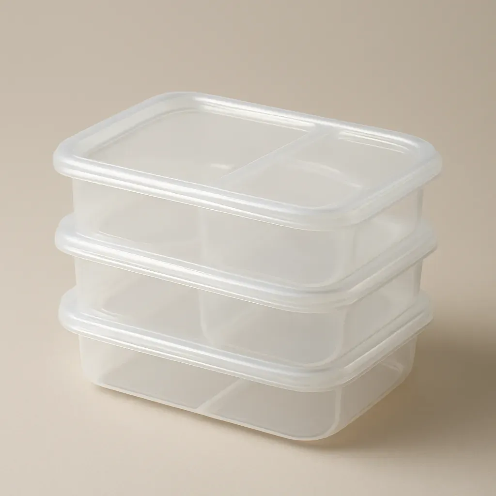 AI-generated editorial product photograph (not the exact linked listing) of compartment meal-prep containers