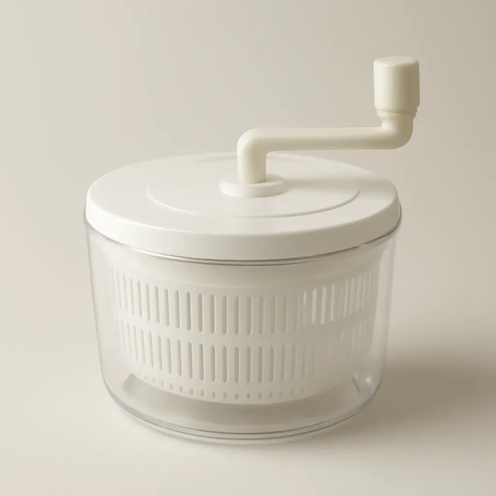 AI-generated editorial product photograph (not the exact linked listing) of crank-handle salad spinner