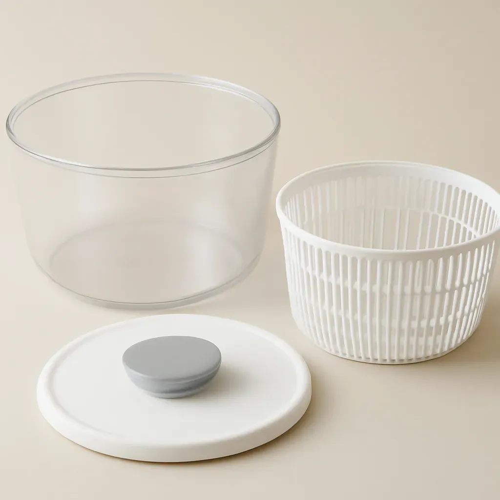 AI-generated editorial product photograph (not the exact linked listing) of dishwasher-safe salad spinner