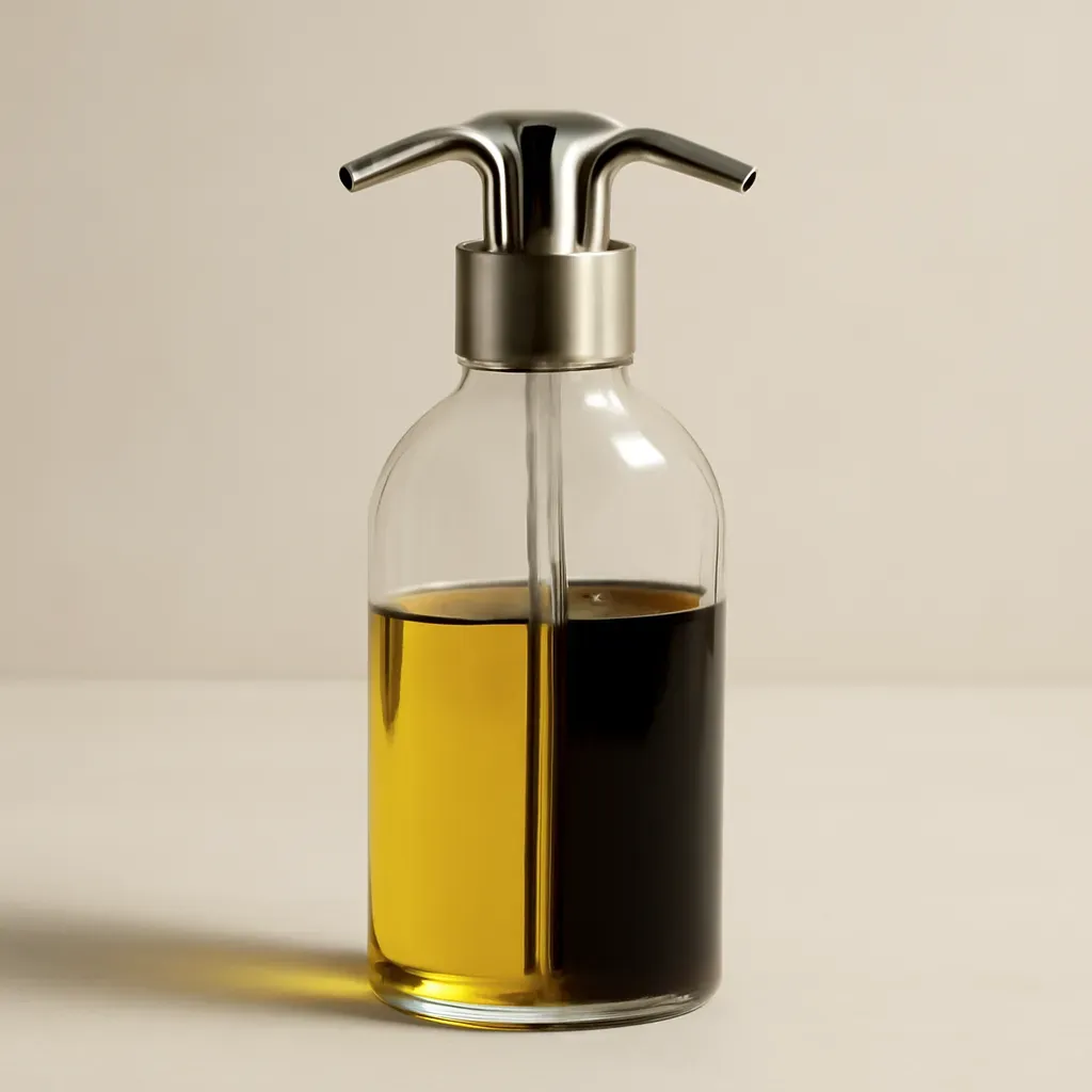 AI-generated editorial product photograph (not the exact linked listing) of dual-chamber oil and vinegar dispenser
