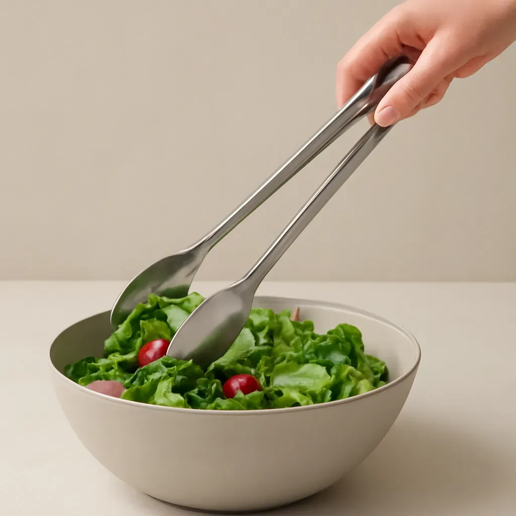 AI-generated editorial product photograph (not the exact linked listing) of extra-long serving tongs