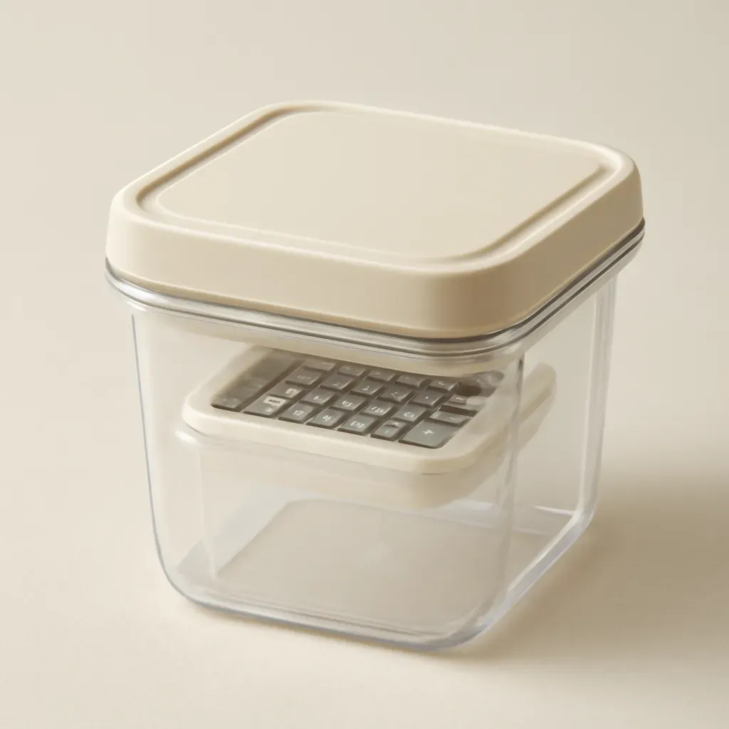 AI-generated editorial product photograph (not the exact linked listing) of food chopper with storage container
