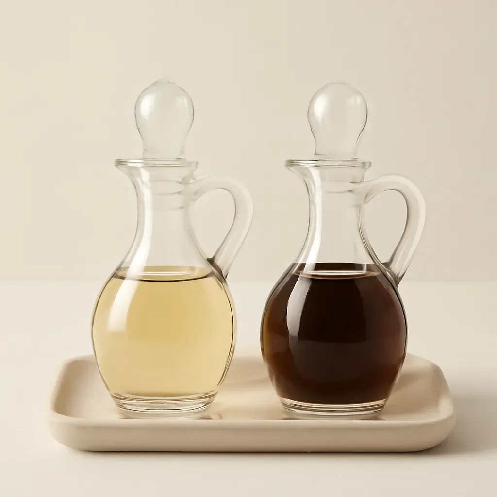 AI-generated editorial product photograph (not the exact linked listing) of glass dressing cruet set