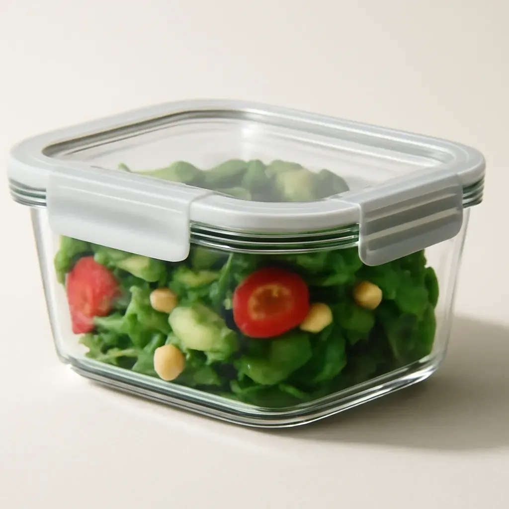 AI-generated editorial product photograph (not the exact linked listing) of glass lunch container for salad
