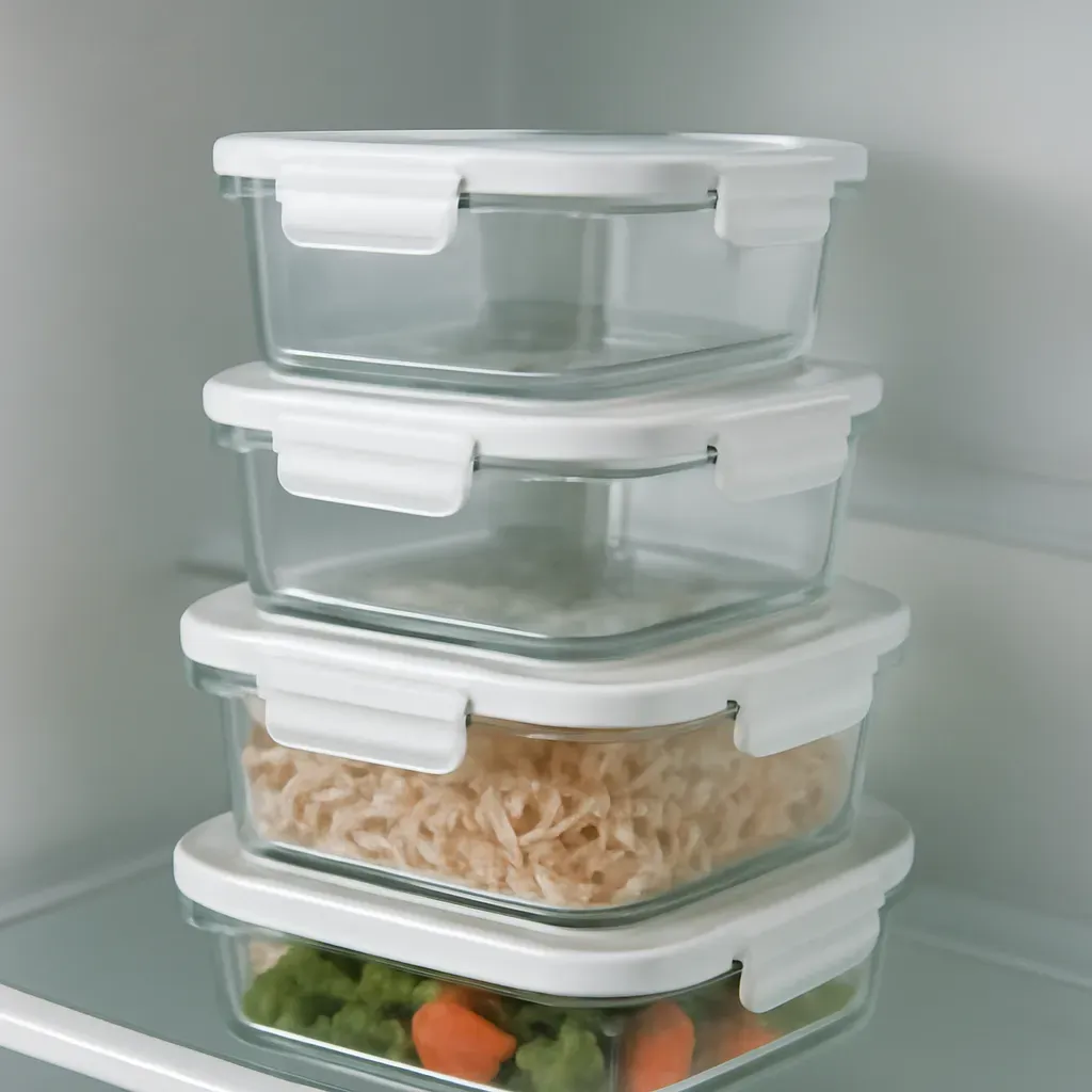 AI-generated editorial product photograph (not the exact linked listing) of glass meal-prep containers with lids