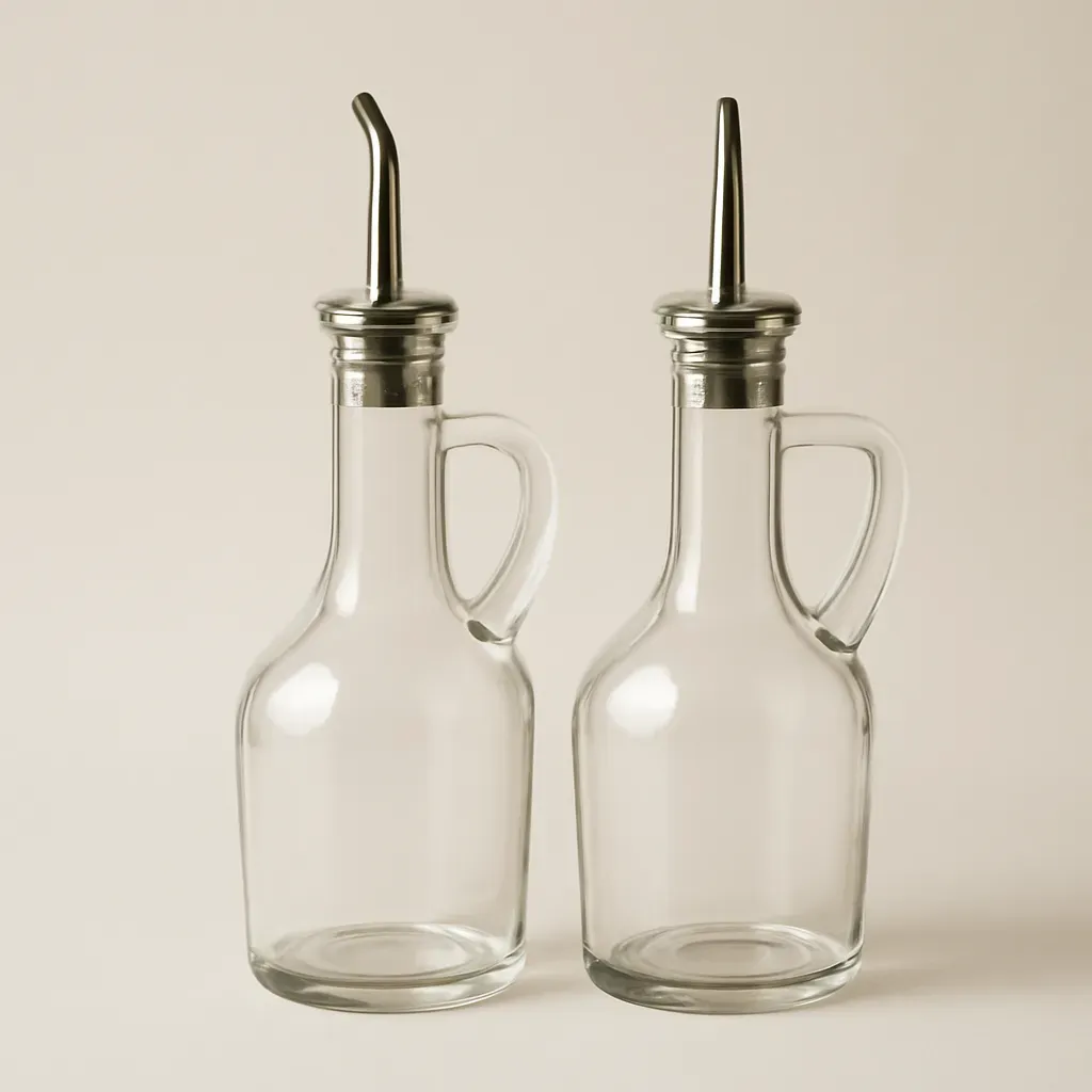 AI-generated editorial product photograph (not the exact linked listing) of glass oil and vinegar cruet pair