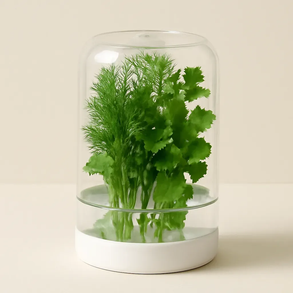 AI-generated editorial product photograph (not the exact linked listing) of herb storage container with water reservoir