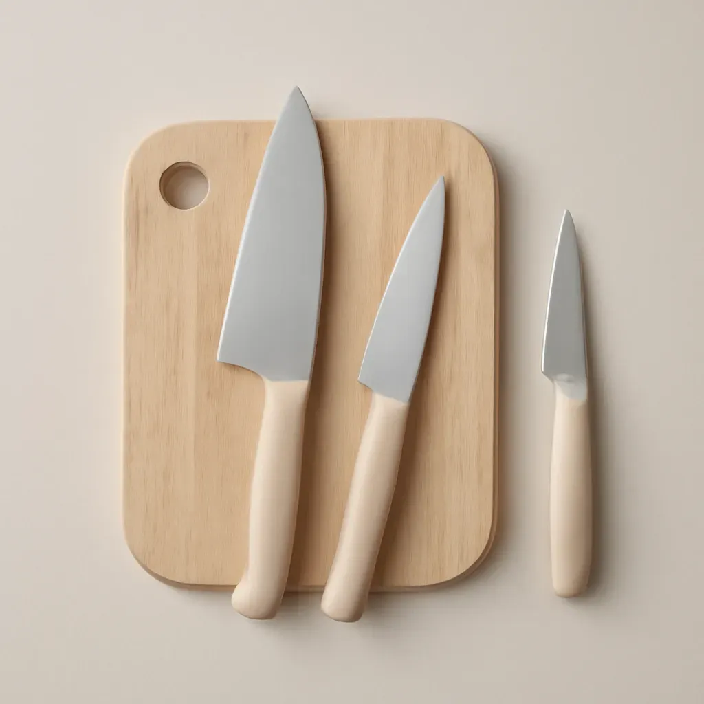 AI-generated editorial product photograph (not the exact linked listing) of knife set with cutting board