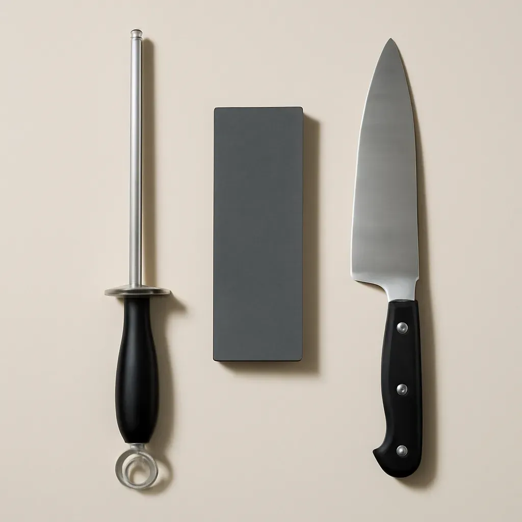 AI-generated editorial product photograph (not the exact linked listing) of knife sharpening and honing set