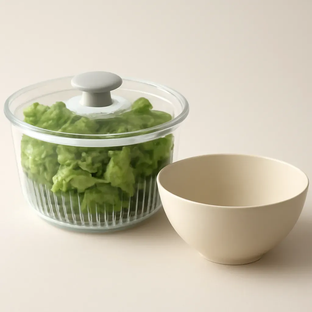 AI-generated editorial product photograph (not the exact linked listing) of large-capacity salad spinner