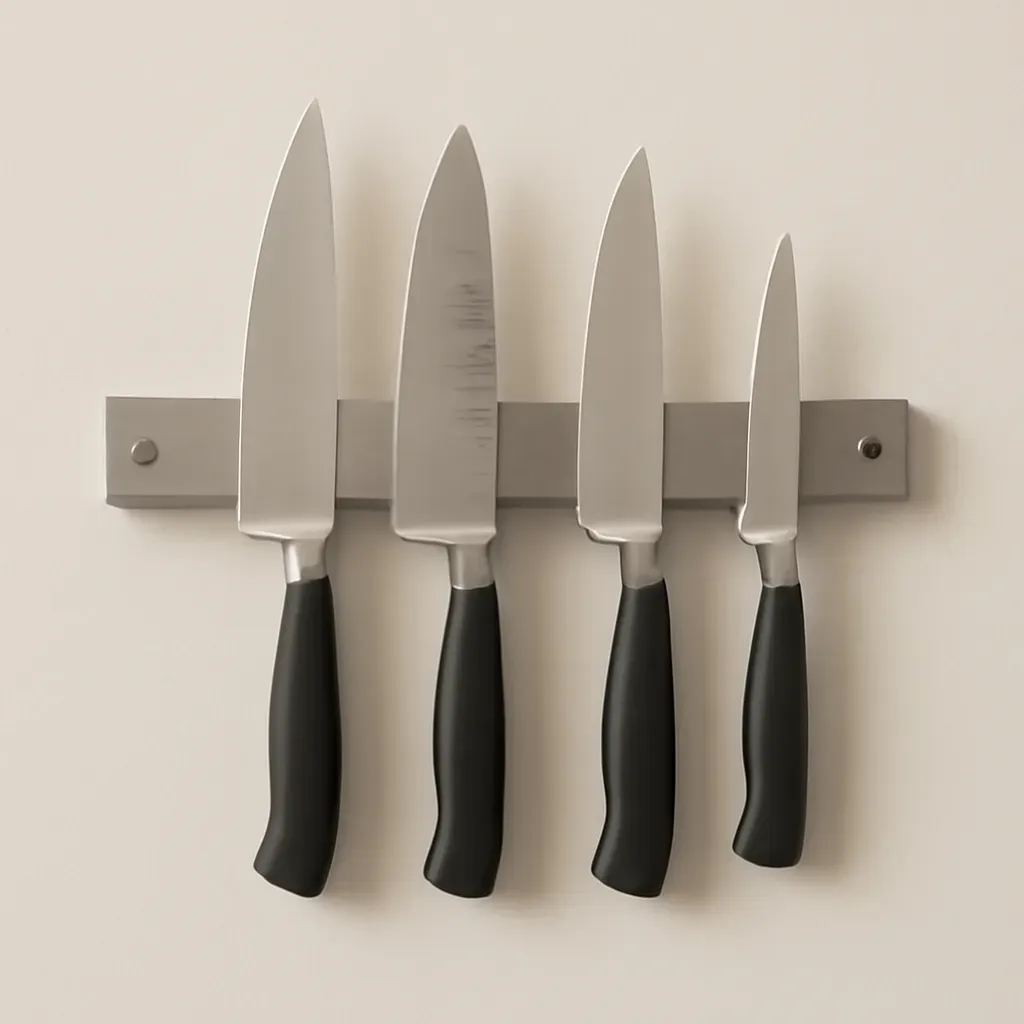 AI-generated editorial product photograph (not the exact linked listing) of magnetic knife storage strip