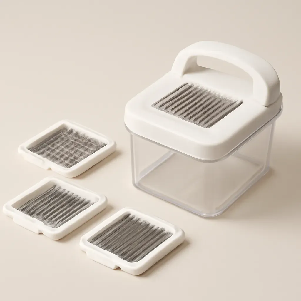 AI-generated editorial product photograph (not the exact linked listing) of multi-blade vegetable chopper