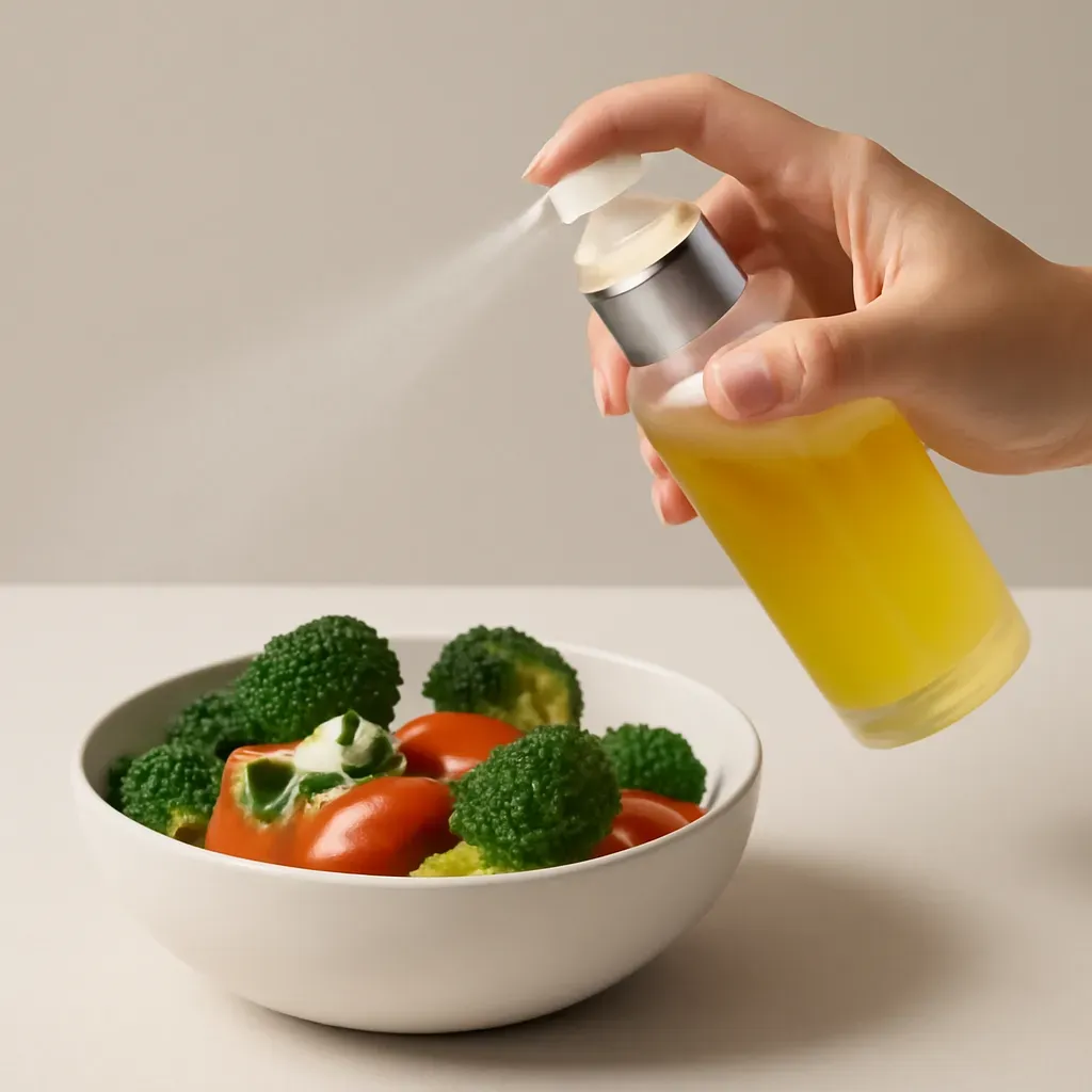 AI-generated editorial product photograph (not the exact linked listing) of olive oil mister and sprayer