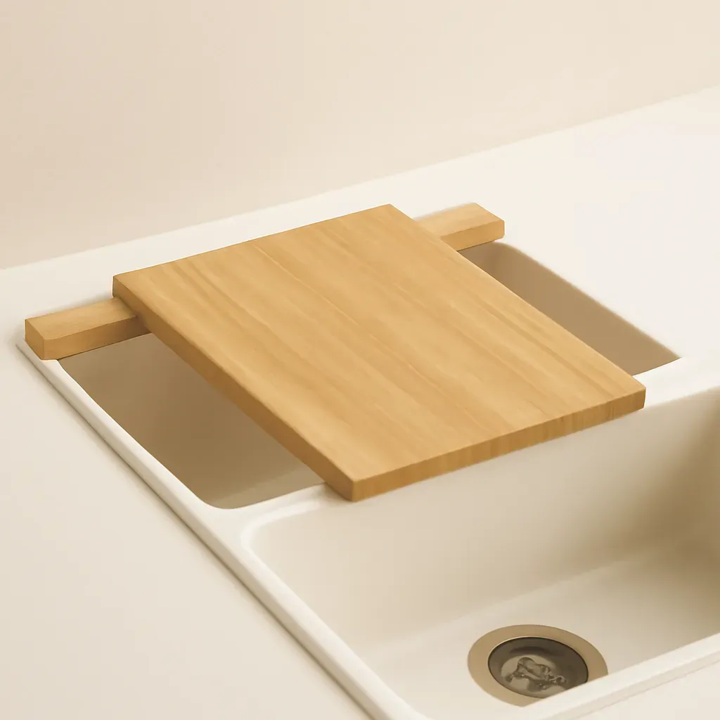 AI-generated editorial product photograph (not the exact linked listing) of over-the-sink cutting board