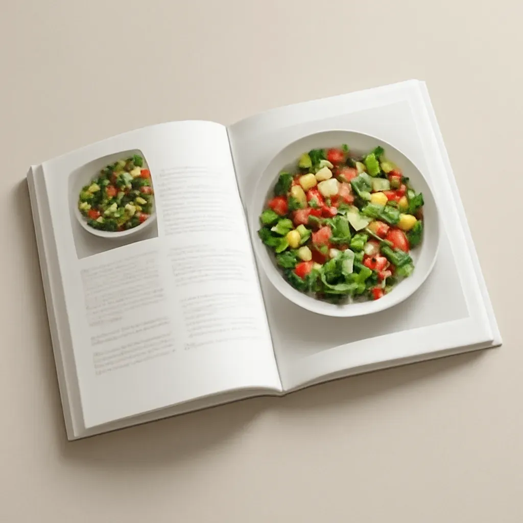 AI-generated editorial product photograph (not the exact linked listing) of photo-illustrated salad cookbook