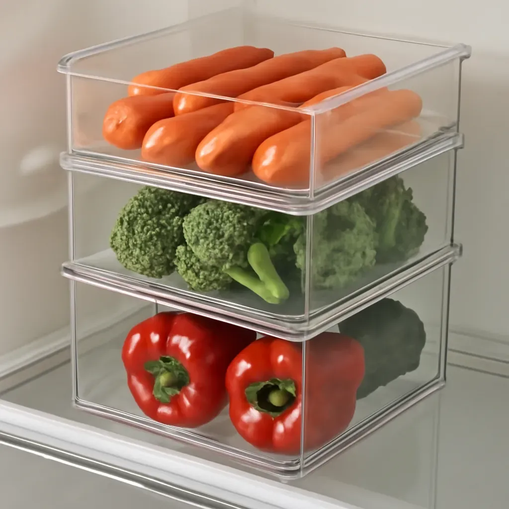 AI-generated editorial product photograph (not the exact linked listing) of produce drawer organizer bins