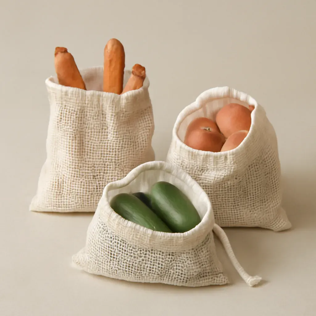 AI-generated editorial product photograph (not the exact linked listing) of reusable produce storage bags