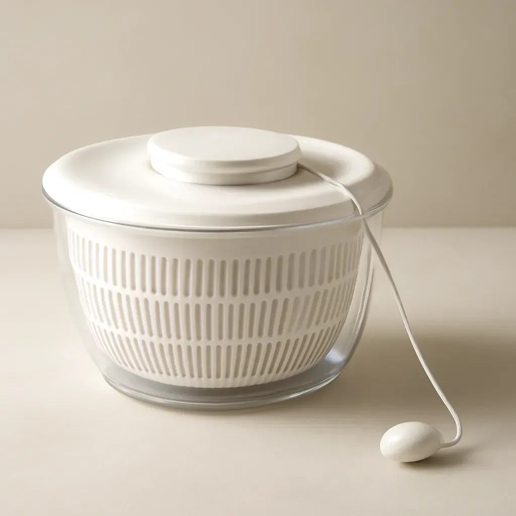 AI-generated editorial product photograph (not the exact linked listing) of pull-cord salad spinner