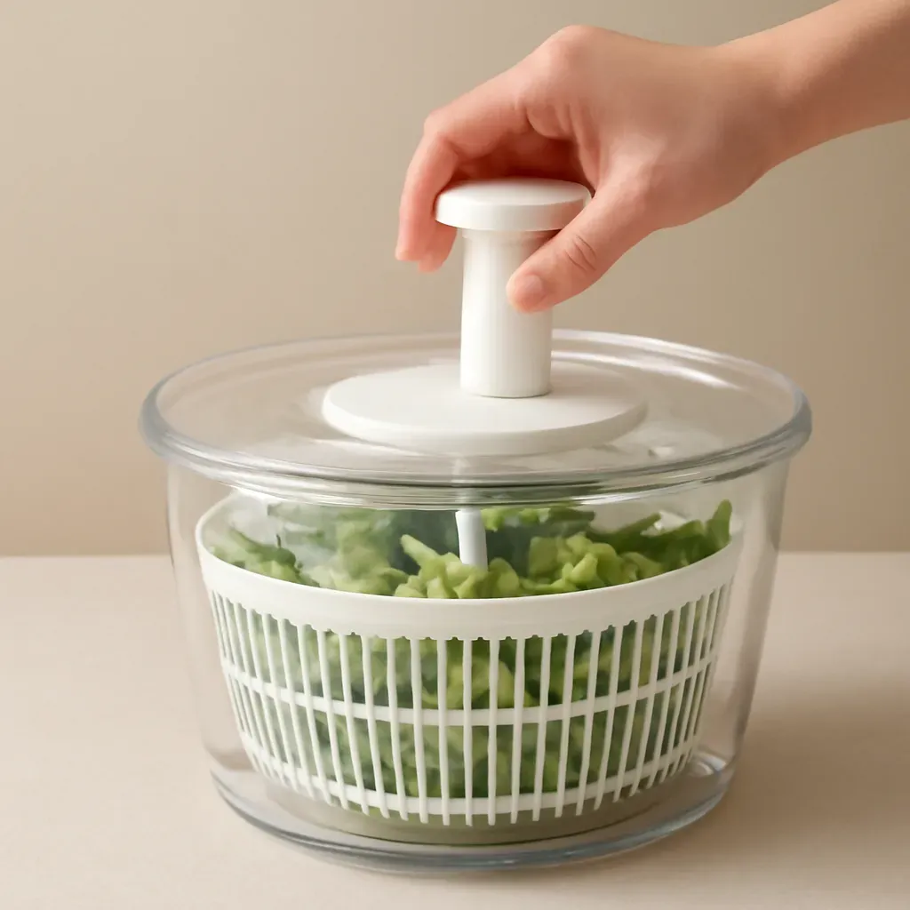 AI-generated editorial product photograph (not the exact linked listing) of pump-action salad spinner