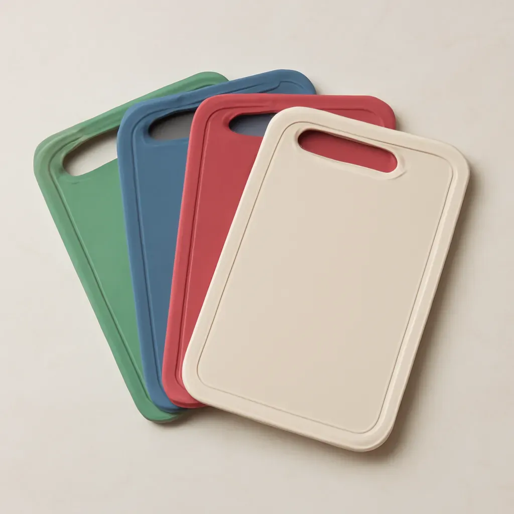 AI-generated editorial product photograph (not the exact linked listing) of reversible plastic cutting board set