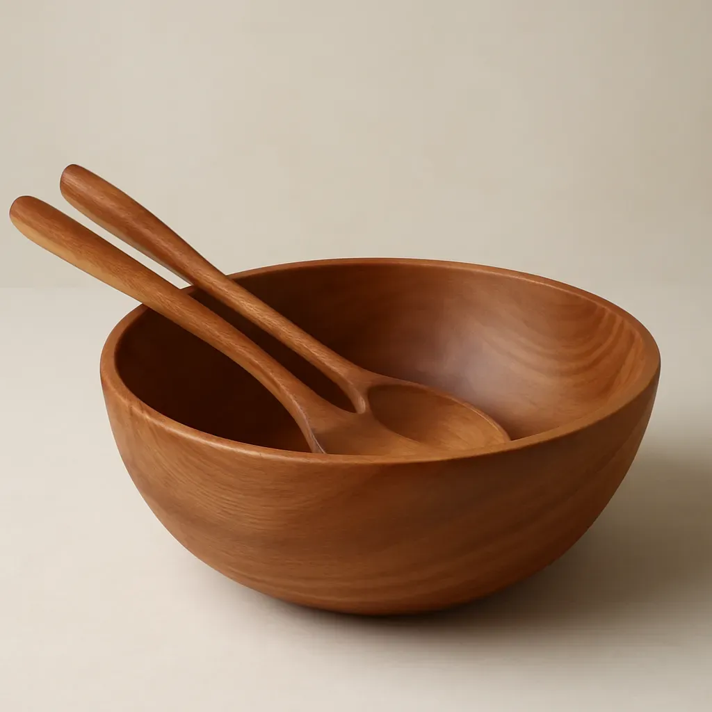 AI-generated editorial product photograph (not the exact linked listing) of salad bowl with built-in servers