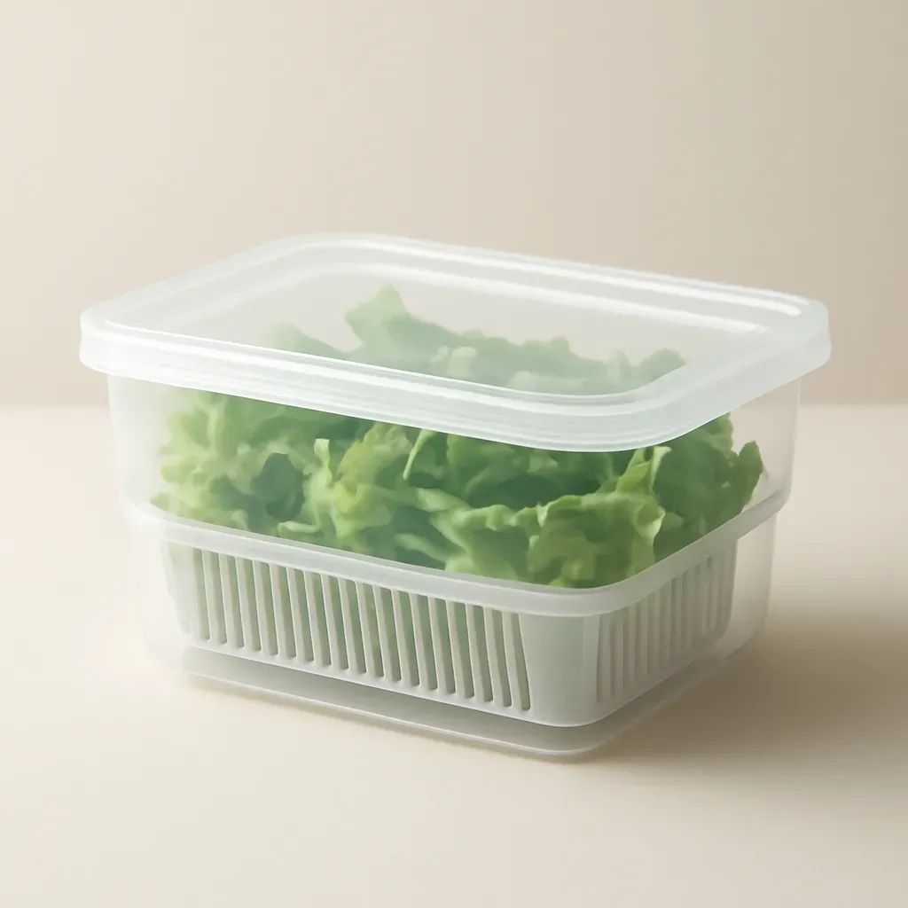 AI-generated editorial product photograph (not the exact linked listing) of salad greens keeper container