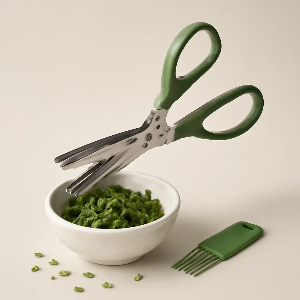 AI-generated editorial product photograph (not the exact linked listing) of salad herb scissors