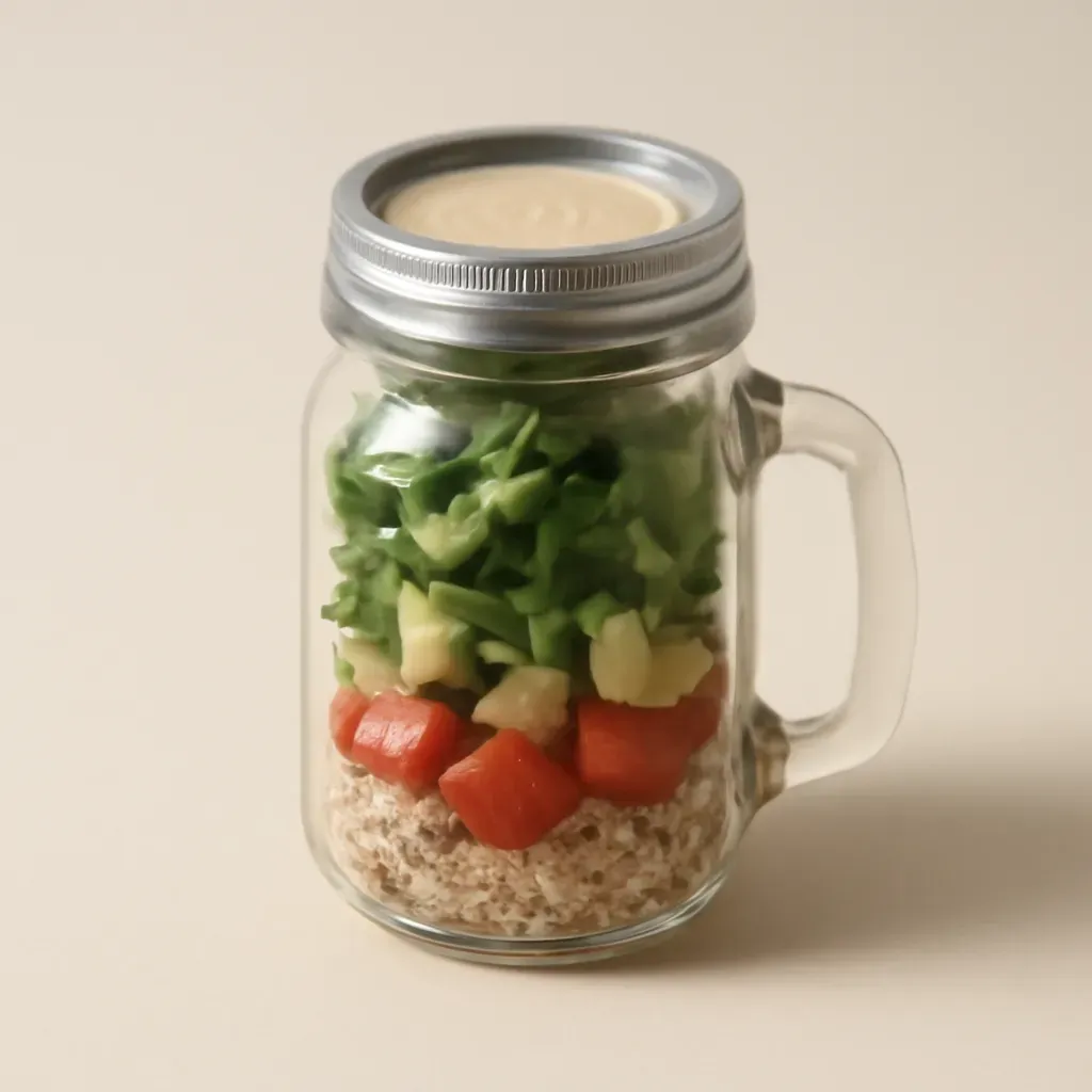 AI-generated editorial product photograph (not the exact linked listing) of salad jar with dressing cup