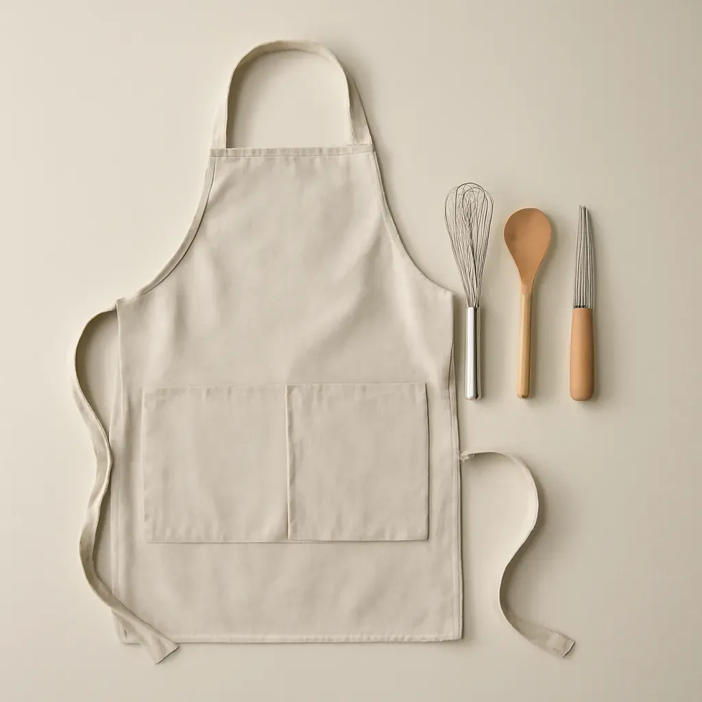 AI-generated editorial product photograph (not the exact linked listing) of salad prep apron and tool set