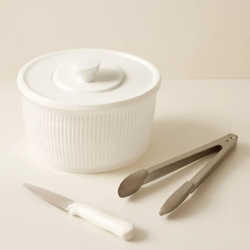 AI-generated editorial product photograph (not the exact linked listing) of salad prep starter set