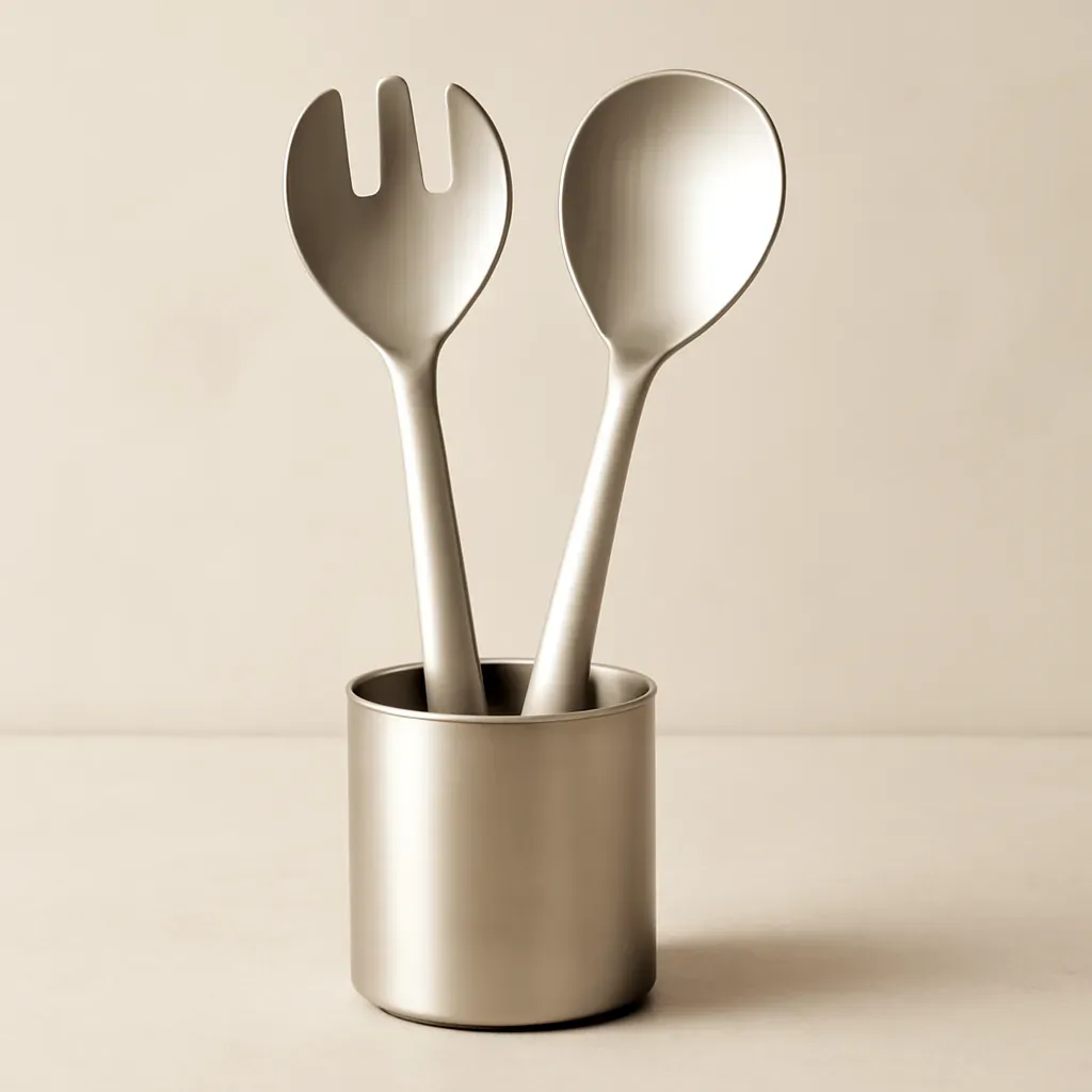 AI-generated editorial product photograph (not the exact linked listing) of salad server set with stand