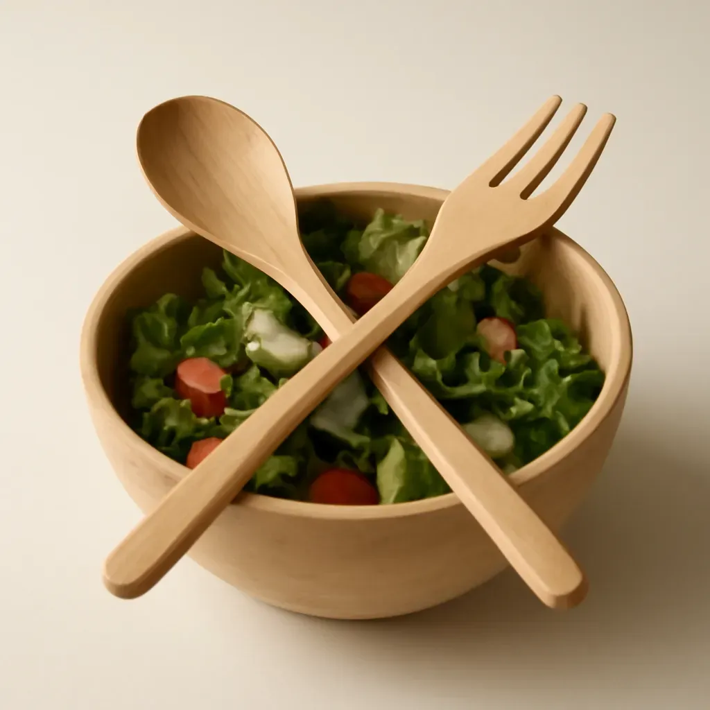 AI-generated editorial product photograph (not the exact linked listing) of salad serving spoon-and-fork set