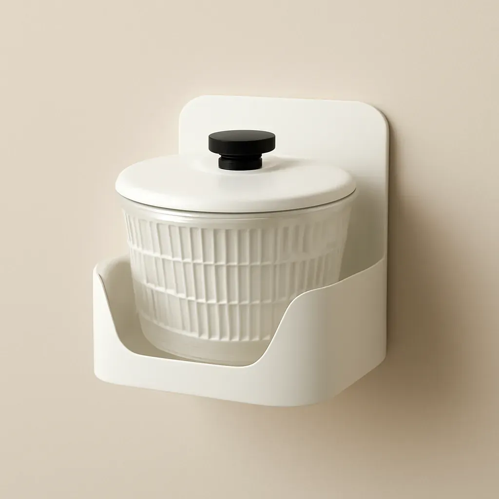 AI-generated editorial product photograph (not the exact linked listing) of salad spinner storage caddy