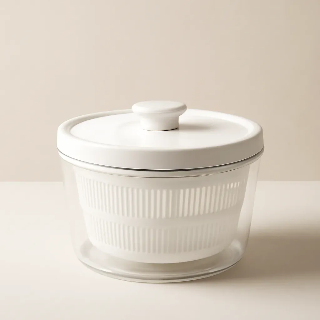 AI-generated editorial product photograph (not the exact linked listing) of salad spinner storage container combo