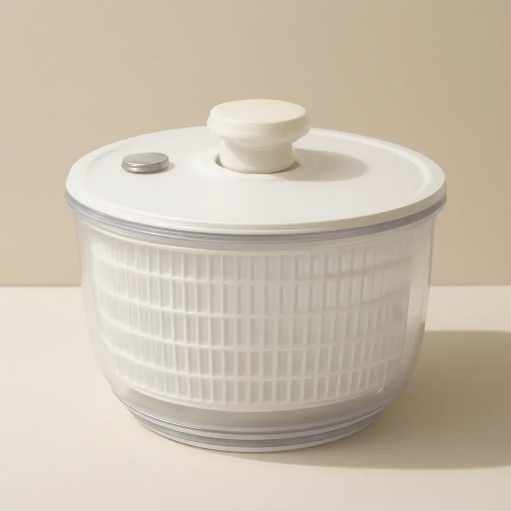 AI-generated editorial product photograph (not the exact linked listing) of salad spinner with locking brake